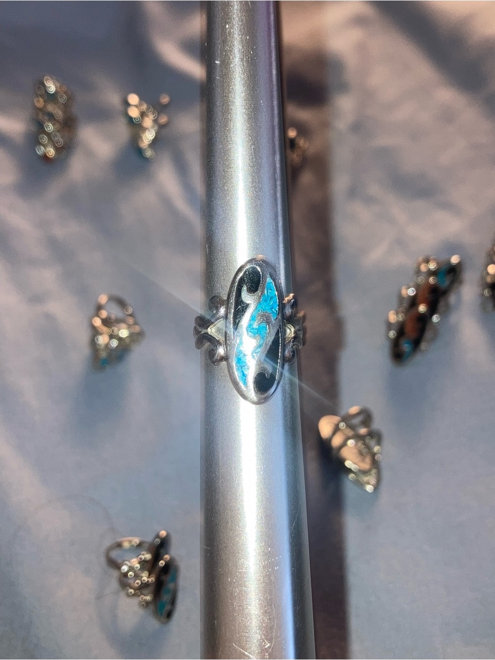 Turquoise Enamel Sterling Silver Scroll Ring - Unbranded